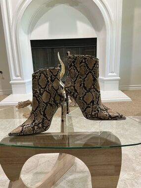 Python-Print Pointed Stiletto Ankle Boots in Taupe and Black